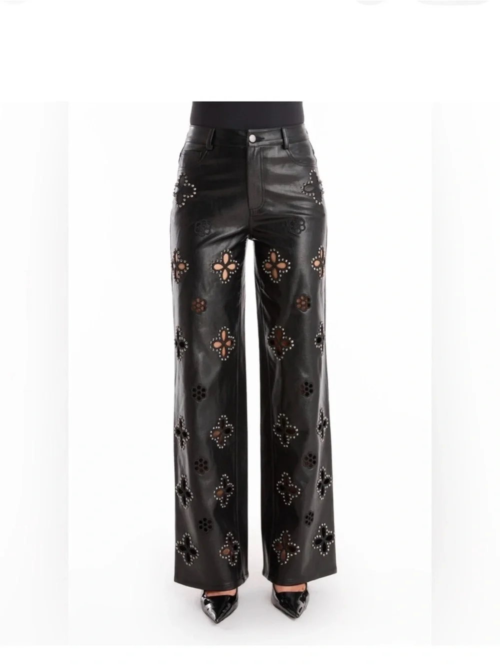 The Noli Shop Studded Cutout Leather Wide-Leg Pants - Black - Picture 1 of 5